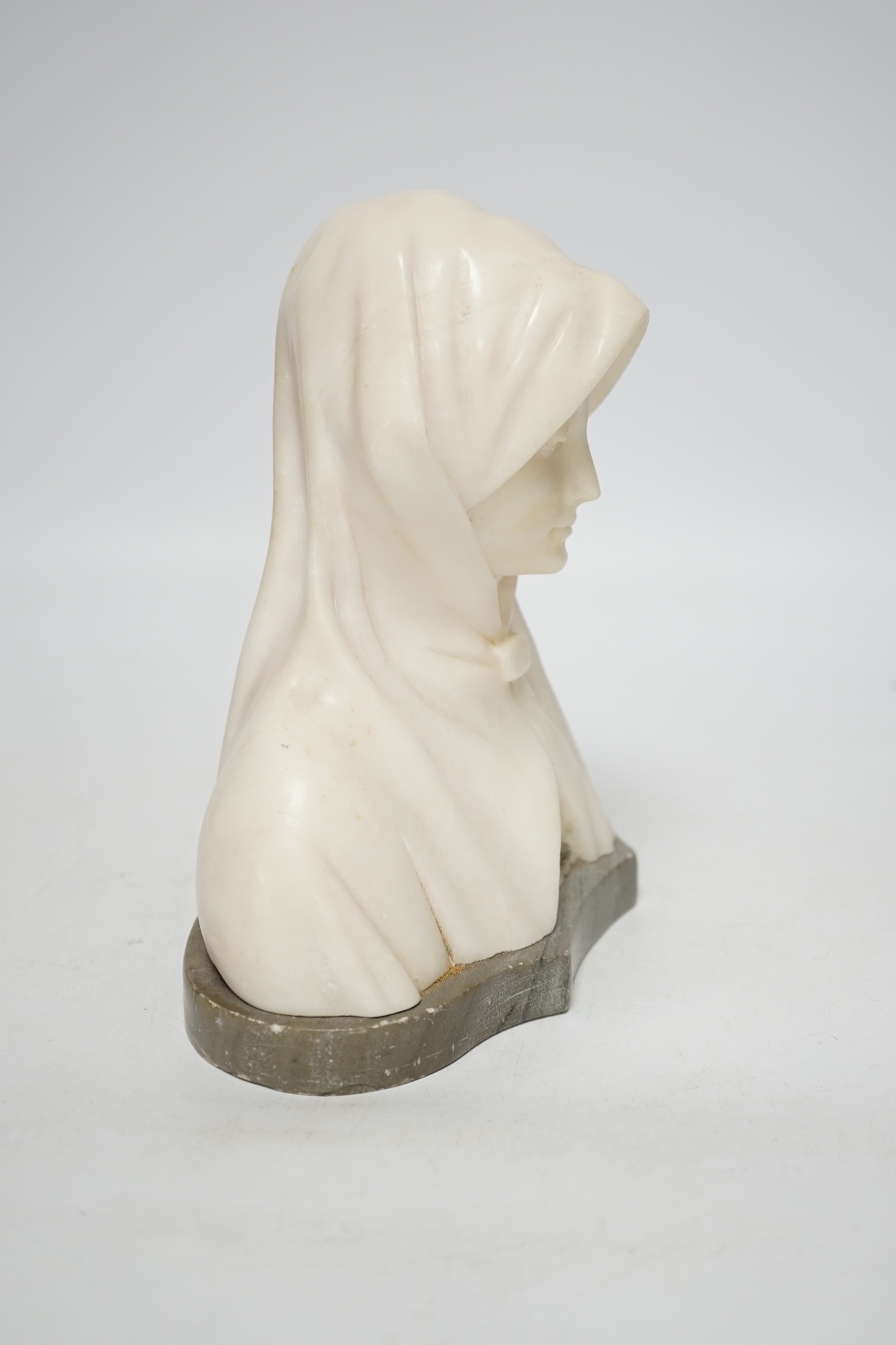 An early 20th century French small marble bust of a lady, signed C. Sabini?, 18cm